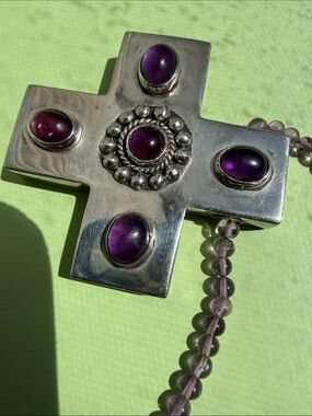 Sterling silver amethyst Byzantine style cabochons cross necklace statement